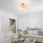 XiNBEi Lighting 16inch Semi Flush Mount Ceiling Light, 3-Light Brass Double Drum Light Fixture with Linen Shade Close to Ceiling Lamp for Bedroom Living Room Kitchen XB-SF1289-BS