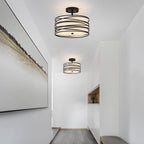 Drum Semi Flush Mount Ceiling Light Fixture Vintage Modern Farmhouse 2-Lights Linen Drum Ceiling Lighting Rustic Black Ceiling lamp for Dining Room, Bedroom, Kitchen, Laundry Room