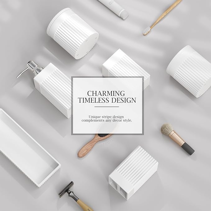 6-Piece White Bathroom Set - Modern Resin Bathroom Accessories Set with Soap Dispenser, Toothbrush Holder, Vanity Tray, Tumbler & Apothecary Jars for Small Spaces