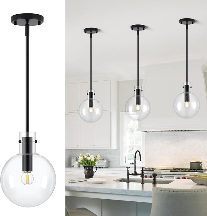 Black Pendant Lights Kitchen Island, 1-Light 8" Large Globe Glass Hanging Light Fixtures with Clear Glass, Modern Kitchen Pendant Lighting Over Island for Sink Bathroom, OS-JJ528-1PBK