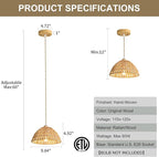 Farmhouse Wicker Pendant Light, 1-Light Boho Rattan Chandelier Light Fixture, Ceiling Hanging with Woven Lampshade, for Kitchen Bedroom Island Hallway, ETL Listed
