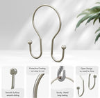 AmazerBath Shower Curtain Hooks Brushed Nickel Shower Curtain Rings, Simple Double Hook Shower Curtain Hooks Rust Proof, Smooth Glide Metal Shower Hooks for Shower Curtain, 12Pcs Shower Rod Hooks