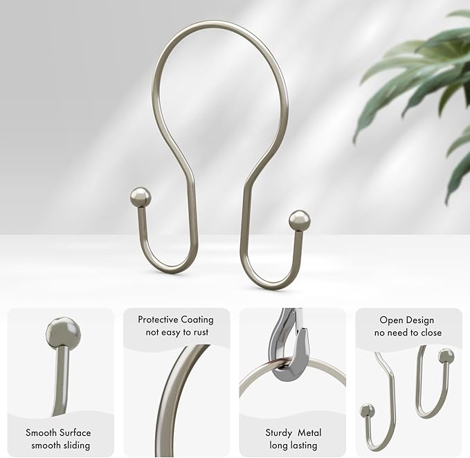 AmazerBath Shower Curtain Hooks Brushed Nickel Shower Curtain Rings, Simple Double Hook Shower Curtain Hooks Rust Proof, Smooth Glide Metal Shower Hooks for Shower Curtain, 12Pcs Shower Rod Hooks