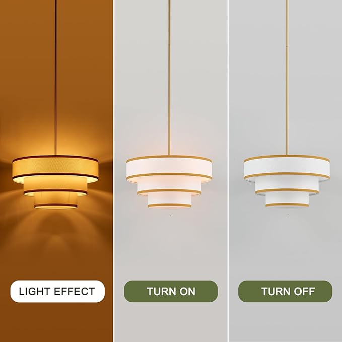19.7" Gold Drum Chandelier with White Fabric Lampshade 3-Tier Modern Farmhouse Chandelier Light Fixture for Dining Room, Kitchen Island, Foyer, Entryway Bedroom