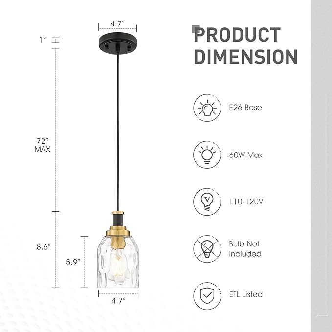 zeyu Glass Pendant Lights Kitchen Island, Kitchen Pendant Lighting Over Island with Water Ripple Glass, Modern Mini Hanging Light, Black and Gold Finish, ZG33M1L BK+BG-WG