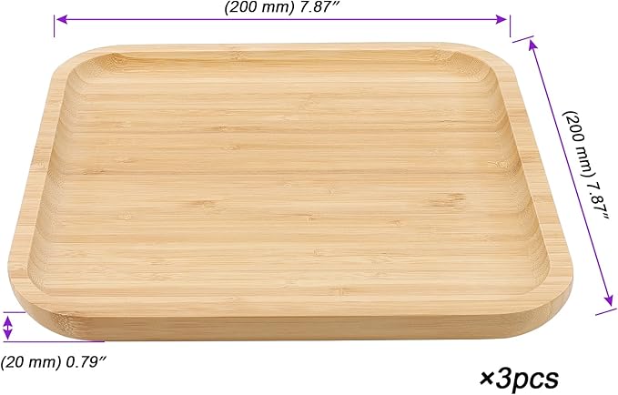 JOIKIT 3 Pack 8 Inch Bamboo Platter, Fine Polished Sqaure Wood Dinner Plates Bamboo Serving Tray for Holding Fruit, Bread, Cheese, Nut, Coffee, Tea, Plant Saucer