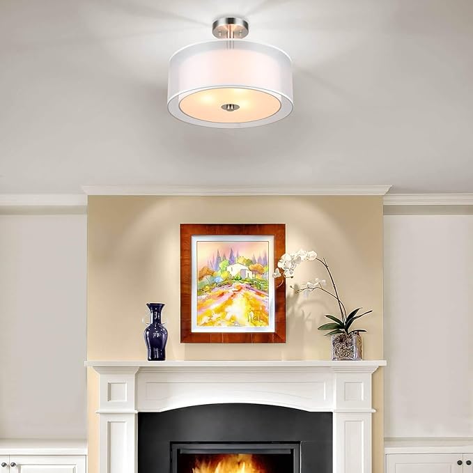 XiNBEi Lighting Semi Flush Mount Ceiling Light, 3 Light Close to Ceiling Light with Fabric Shade, 16" Drum Semi Flush Ceiling Light in Brushed Nickel for Living Room & Bedroom XB-SF1194-BN