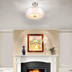XiNBEi Lighting Semi Flush Mount Ceiling Light, 3 Light Close to Ceiling Light with Fabric Shade, 16" Drum Semi Flush Ceiling Light in Brushed Nickel for Living Room & Bedroom XB-SF1194-BN