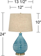 360 Lighting Kayley Mid Century Modern Coastal Table Lamp Textured Ceramic 24" High Sky Blue Glaze Linen Fabric Tapered Drum Shade for Living Room Bedroom House Bedside Nightstand Home