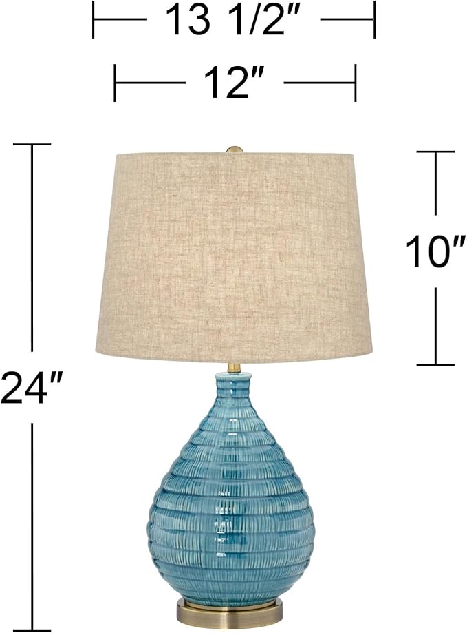 360 Lighting Kayley Mid Century Modern Coastal Table Lamp Textured Ceramic 24" High Sky Blue Glaze Linen Fabric Tapered Drum Shade for Living Room Bedroom House Bedside Nightstand Home