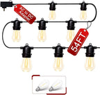 LED Outdoor String Lights 54FT with 16 Edison Vintage Shatterproof Bulbs, Commercial Grade Weatherproof Strand Warm White String Lights, AC to DC Plug Low Voltage, Decorative Lights for Patio