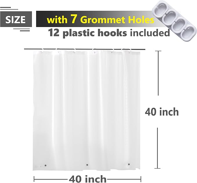 Waterproof Shower Curtain for Window Inside Shower, 40 x 40 Inches Short Length Plastic Bathroom Window Curtain Heavy Duty Vinyl with Hooks, Silky Frost, 40x40