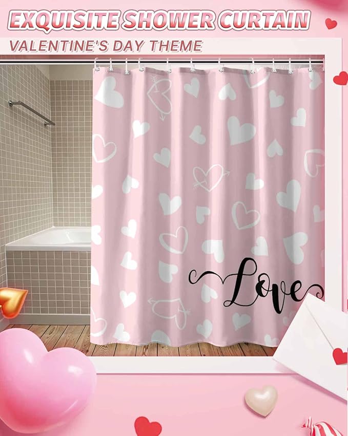 Vandarllin Pink Shower Curtain, Love Heart Shower Curtains Set with Hooks, Waterproof Fabric Bathroom Curtains Decor Home Accessories,72X 96 Inch Extra Long