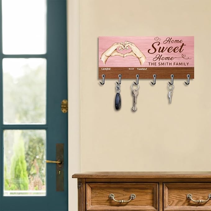 Personalized Wood Family Key Holder Sweet Home Key Hooks Custom Name Portrait Wall Mounted Family Home Organizer Hanger Decor for Entryway Hallway Coat Rack Birthday House Warming Gift