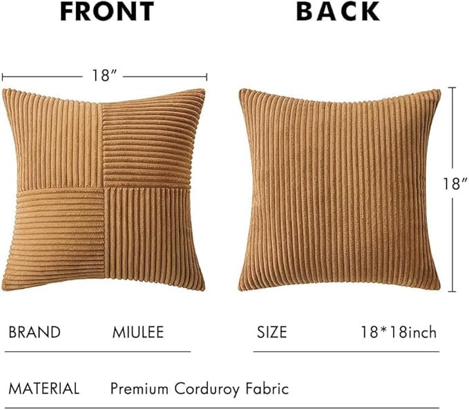 MIULEE Brown Corduroy Pillow Covers Pack of 2 Boho Decorative Spliced Throw Pillow Covers Soft Solid Couch Pillowcases Cross Patchwork Textured Cushion Covers for Living Room Bed Sofa 18x18 inch