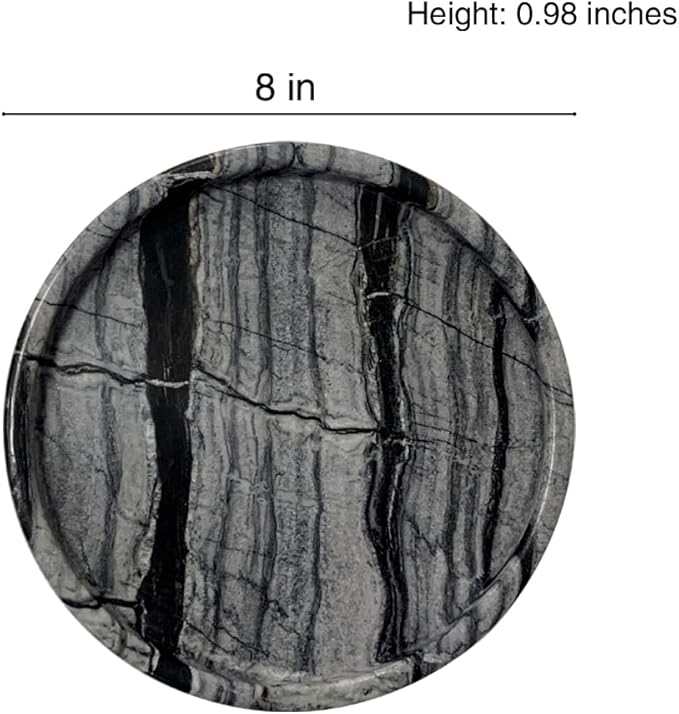 Travertine Tray, Small Ceramic Vanity Tray for Bathroom Counter Decor, Round Marble Decorative Trays for Coffee Table (Grey Black, Medium Size)