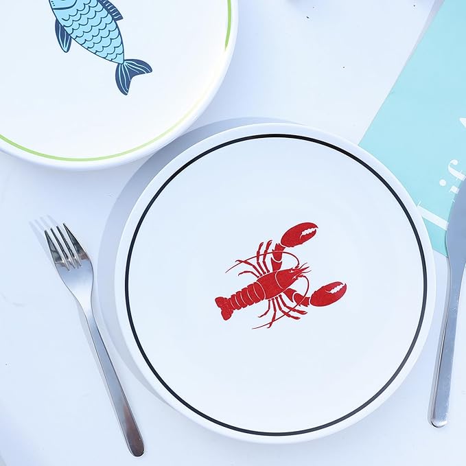 10-Inch Melamine Plates Set of 4 – Serving Dinnerware for Indoor/Outdoor Use, Ocean-Themed Design with Turtle, Crab, Lobster & Fish Patterns, Durable Dishwasher-Safe Plates‌,Sea Life