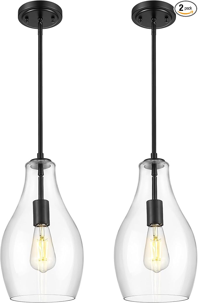 2-Pack Pendant Lights Kitchen Island, 8" Black Hanging Light Fixtures with Clear Glass Shade, Modern Lagre Kitchen Pendant Lighting Over Island for Dining Room, AD-25045-2PB-BK