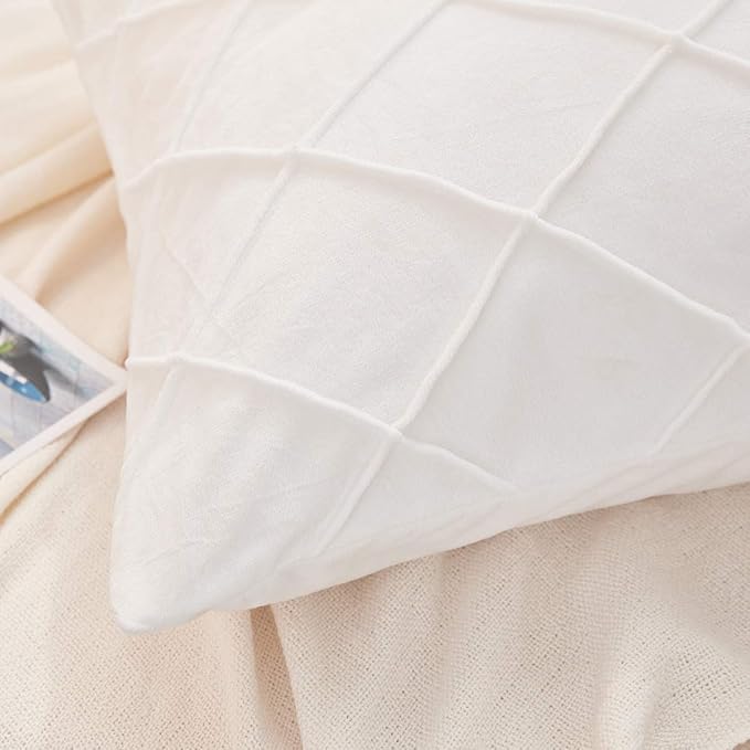 JAUXIO Diamond Pinch Pleated Crystal Velvet Pillowcases 2 Pack Solid Pintuck Throw Cushion Cover for Home Decor Hidden Zipper Closure (White, King)