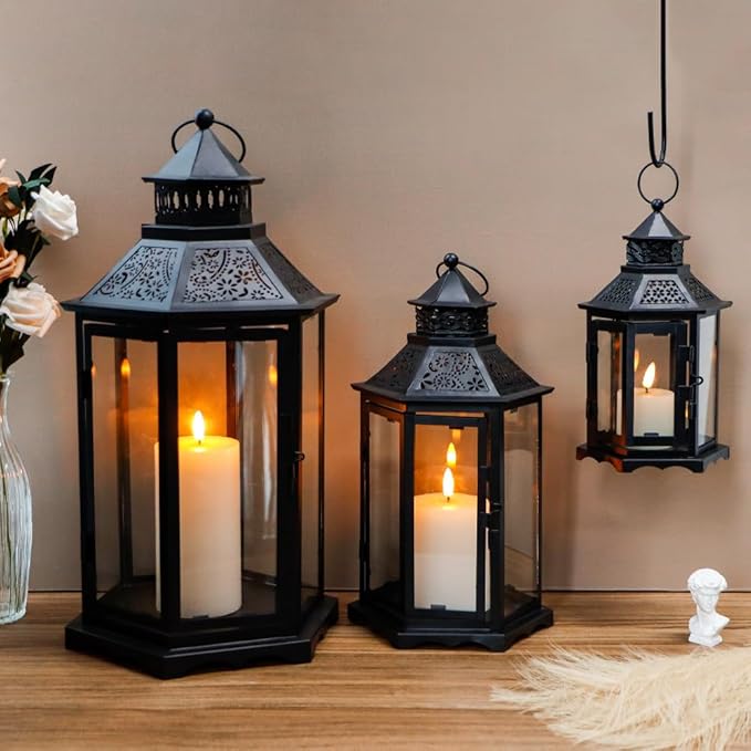 TRIROCKS Set of 3 Decorative Candle Lanterns18''&13"&10" H Hexagonal Candle Holder Vintage Metal Hanging Lantern with Tempered Glass for Garden Patio Wedding Event Indoors Outdoors(Black)