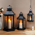 TRIROCKS Set of 3 Decorative Candle Lanterns18''&13"&10" H Hexagonal Candle Holder Vintage Metal Hanging Lantern with Tempered Glass for Garden Patio Wedding Event Indoors Outdoors(Black)