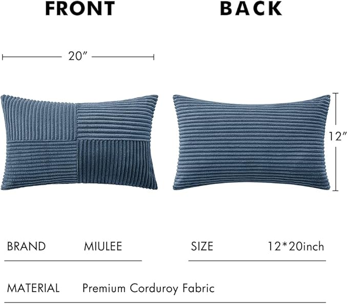 MIULEE Blue Corduroy Pillow Covers Pack of 2 Boho Decorative Spliced Throw Pillow Covers Soft Solid Couch Pillowcases Cross Patchwork Textured Cushion Covers for Living Room Bed Sofa 12x20 inch