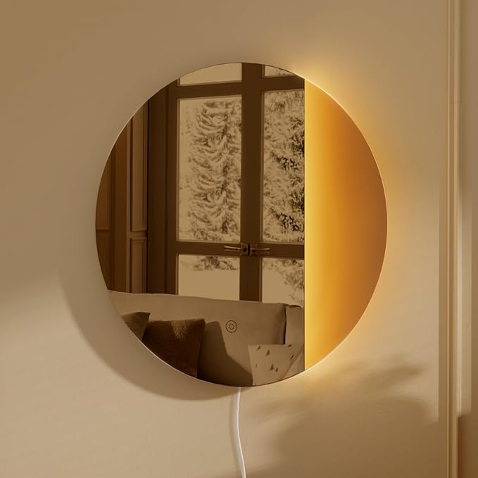 ONEWISH LED Wall Sconce, Dimmable Mirror Wall Lamp,16.93 inch Round Wall Lights for Bedroom with Memory Function, Wall Lamps for Living Room Entryway, Bronze