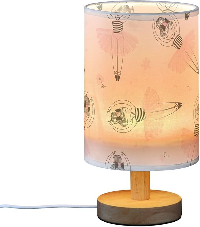 Cute Ballerina Girl Table Lamp with Pink Flower Pattern, Wood Base, Fabric Shade for Bedside, Desk, Living Room, Kids Room, Office