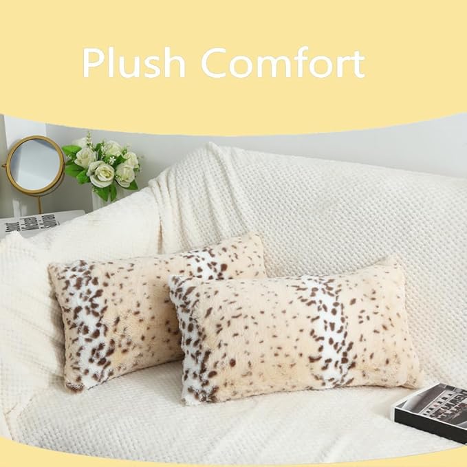 Throw Pillows Covers, Fluffy Faux Fur Pillow Case Snow Leopard Cheetah Print Animal Decorative Lumbar Rectangle Cushion Cover for Couch Sofa Bedroom Living Room, 12x20, Beige