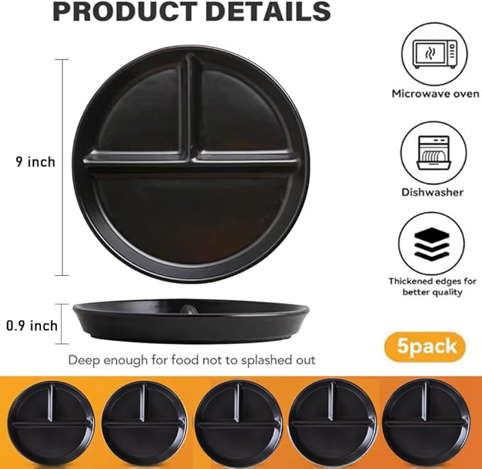 (5 Pack) Portion Control Plate for Balanced Eating, 9" Unbreakable Divided Plates,3 Compartment Round Plates, Reusable Plastic Plates, BPA Free for Kids Adults Bariatric Diet (Black)