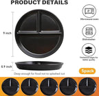 (5 Pack) Portion Control Plate for Balanced Eating, 9" Unbreakable Divided Plates,3 Compartment Round Plates, Reusable Plastic Plates, BPA Free for Kids Adults Bariatric Diet (Black)