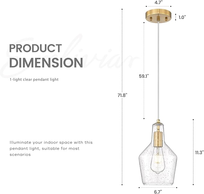 Emliviar 11 Inch Farmhouse Pendant Light Fixture, 1-Light Hanging Kitchen Lighting with Seeded Glass, Brushed Gold Finish, DYE286G2-MIL BG