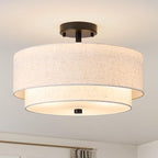 16" Semi Flush Mount Ceiling Light Fixture, Close to Ceiling Light Fixtures with Farmhouse Fabric Linen Shade, Double Drum Black Flush Mount Ceiling Light for Living Room Bedroom Dining Room Kitchen