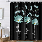 Rusitc Farmhouse Floral Balck White Teal Shower Curtain, Farm Country Daisy Flower Dragonfly and Faith Hope Love Inspirational Words Shower Curtain Set, Turquoise Yellow Bathroom Accessories, 70X75IN