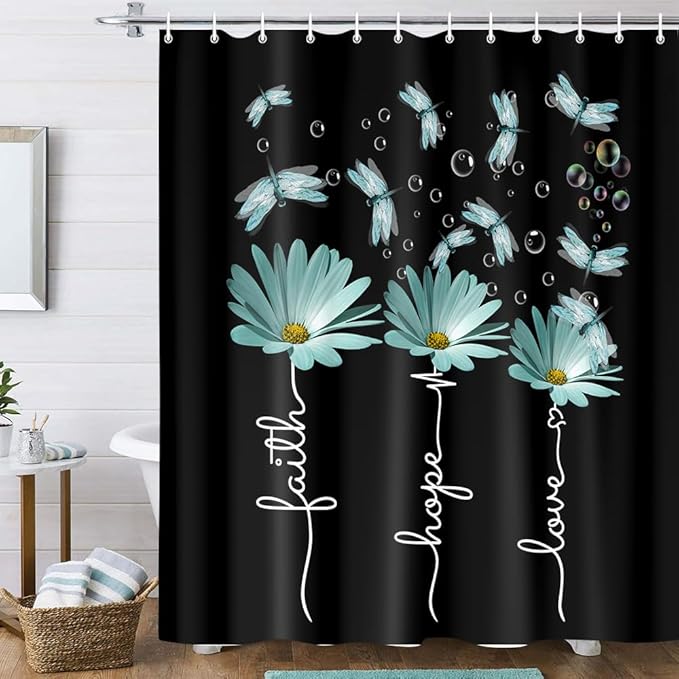 Rusitc Farmhouse Floral Balck White Teal Shower Curtain, Farm Country Daisy Flower Dragonfly and Faith Hope Love Inspirational Words Shower Curtain Set, Turquoise Yellow Bathroom Accessories, 70X84IN