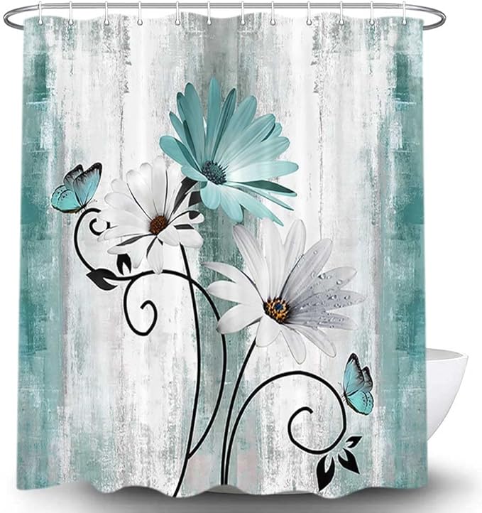 Rustic Farmhouse Shower Curtain, Farm Teal Daisy Floral Flowers and Butterfly on Country Wooden Shower Curtain for Bathroom, Turquoise Blue Bathroom Shower Curtains with 12PCS Hooks, 70X75IN