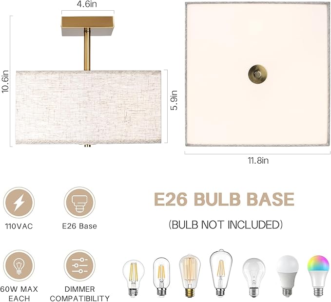 Modern Square Fabric Flush Mount Ceiling Light Fixture, Gold Brass Semi Flush Ceiling Lamp with Linen Shade, Rustic Lighting for Bedroom, Living Room, Dining Room, Hallway