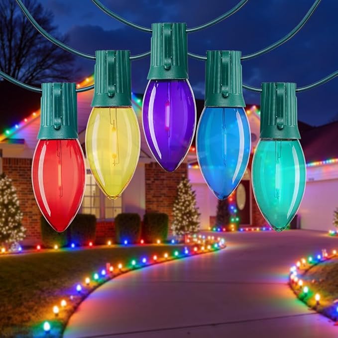 C9 LED Christmas Lights Outdoor, 100 FT 100 Colored Bulbs Vintage C9 Connectable String Lights for Christmas Tree Roofline Patio Garden Backyard Holiday Party Indoor Outdoor Decoration, Green Wire