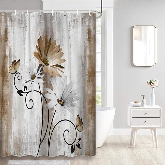 Rustic Farmhouse Shower Curtain, Farm Tan Cream Daisy Floral Flowers and Butterfly on Country Wooden Shower Curtain for Bathroom, Beige Brown Shower Curtain with 12PCS Hooks, 47X64IN