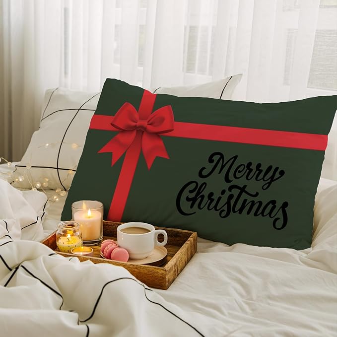 JINYO Coquette Red Christmas Ribbon Bow Pillow Covers 12x20, Red and Green Merry Christmas Pillow Covers for Couch Bed Living Room Bedroom Home
