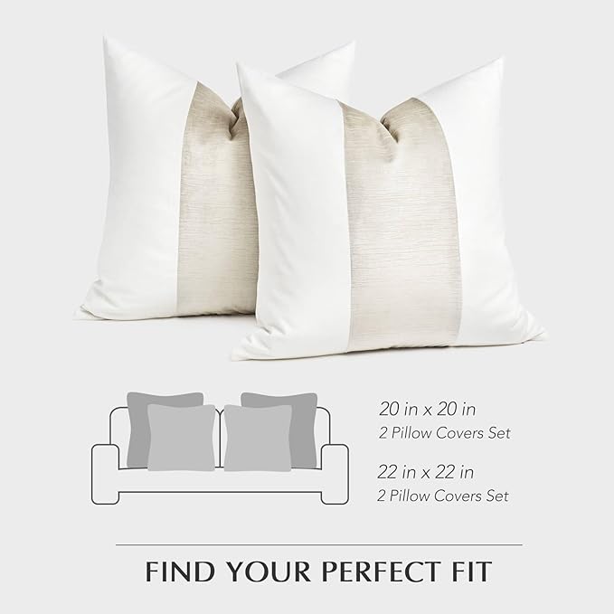 EVERGRACE x Kinsey Walsh Signature Velvet Panel Cotton Pillow Covers Set of 2, Decorative Pillow Covers 22"x22" for Couch, Square Cushion Cases for Sofa Bedroom Living Room, Off White Pearl