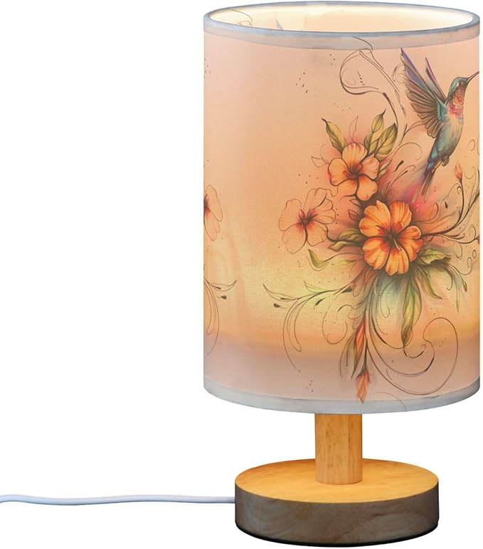 Table Lamp Hummingbird Floral Flower Nightstand Lamp with Wood Base Fabric Lamp Shade Bedside Desk Lamp for Living Room Bedroom Kids Room Office