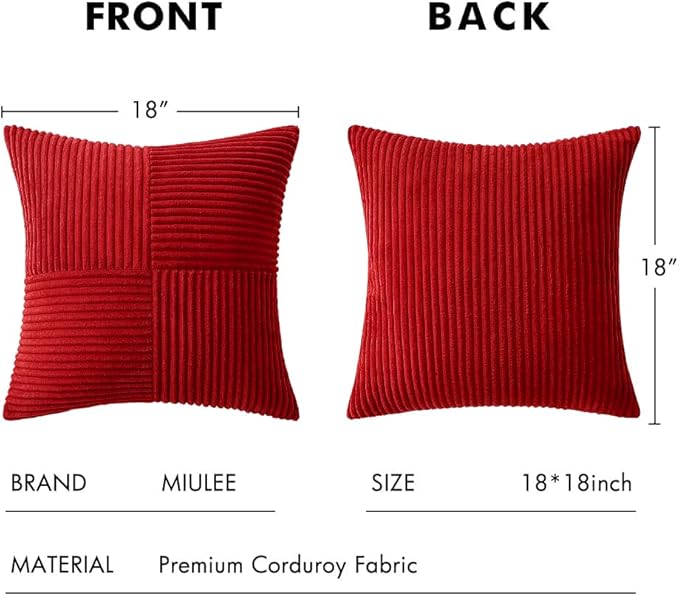 MIULEE Christmas Red Corduroy Pillow Covers Pack of 2 Boho Decorative Spliced Throw Pillow Covers Soft Solid Couch Pillowcases Cross Patchwork Cushion Covers for Living Room Bed Sofa 18x18 inch