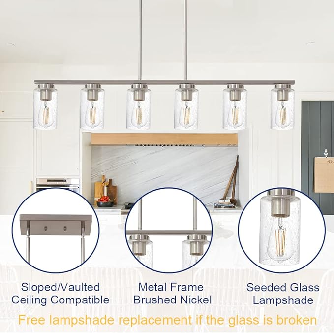 TODOLUZ 6-Lights Farmhouse Chandelier Island Lighting with Seeded Glass Shade, Modern Hanging Ceiling Light Fixtures for Kitchen Bar in Brushed Nickel