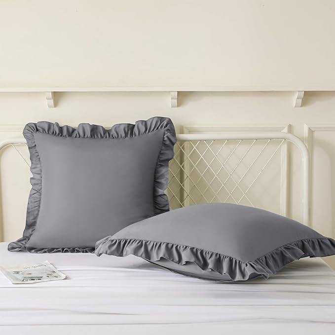 KKJIAF Ruffle Pillow Cases 24x24 Inches, Grey Square Ruffled Pillow Covers Set of 2, Microfiber Wrinkle Resistant Pillow Shams with Envelope Closure for Sofa Bed Living Room