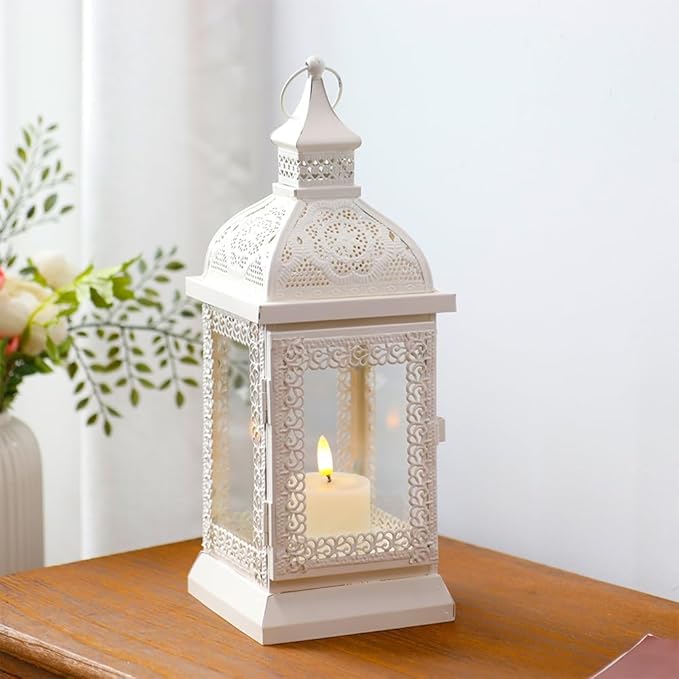 TRIROCKS Set of 2 Rustic Style Metal Candle Lantern 13'' High Decorative Outdoor Lantern Candle Holder with Tempered Glass for Home Living Room Garden Patio Parties Indoors Outdoors (Cream)