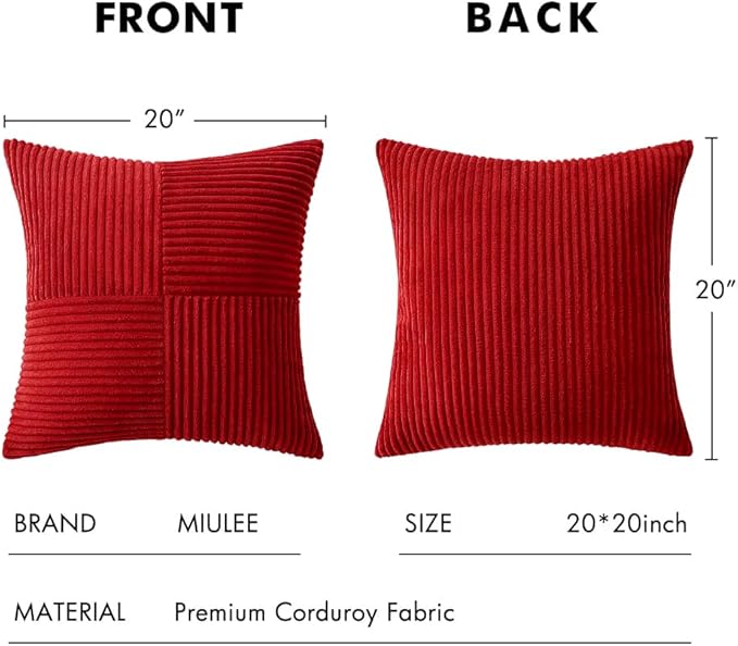 MIULEE Christmas Red Corduroy Pillow Covers Pack of 2 Boho Decorative Spliced Throw Pillow Covers Soft Solid Couch Pillowcases Cross Patchwork Cushion Covers for Living Room Bed Sofa 20x20 inch
