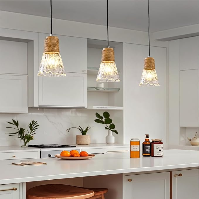 Pendant Light with Clear Striped Glass Lampshade, Hemp Rope Woven Vintage Pendant Light, Adjustable Height Hanging Chandelier Light for Dining Room Kitchen Hallway