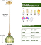 Mini Pendant Light with Green Tulip Glass Lmapshade, Brass Vintage Pendant Light Adjustable Hanging Light for Kitchen Island Dining Room Hallway
