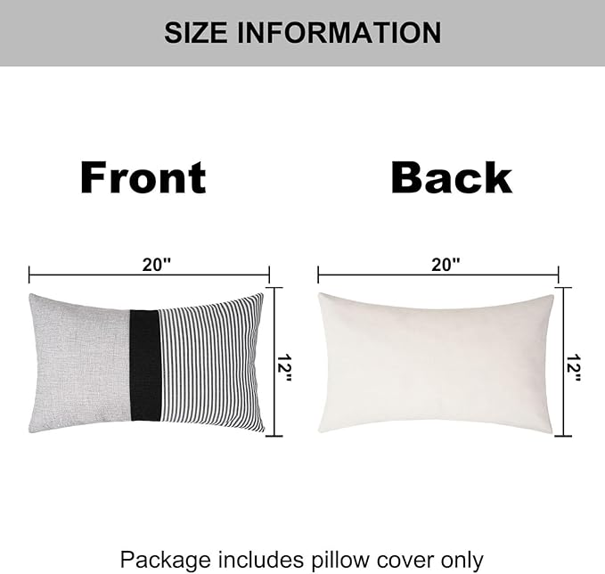 Adabana Stripe Pillow Covers 12x20 Set of 2 Square Patchwork Linen Decorative Lumbar Throw Pillow Covers Modern Farmhouse Decor Pollowcases for Couch Sofa Bedroom,Grey Stripe